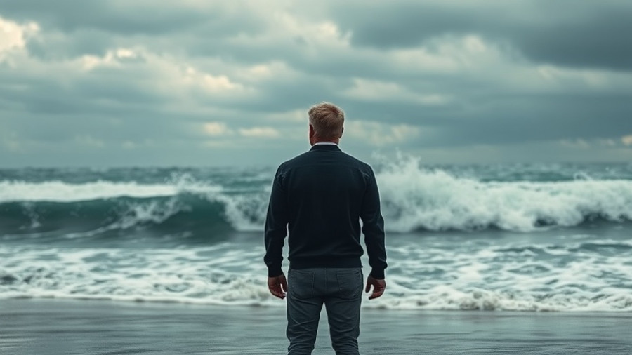 Hurricane Melissa impact on Jamaica: man observing stormy beach.