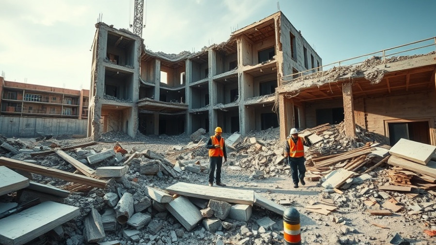 Asbestos safety in East Wing demolition with worker among debris.