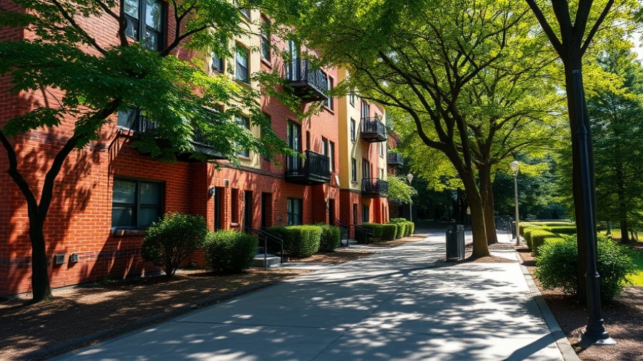 Charming red brick apartment in Killarney, Calgary, surrounded by trees.
