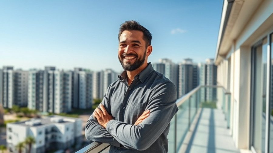 Genstar Development Co community building landscape with a smiling man on a balcony.
