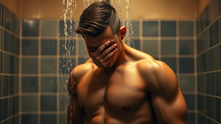Muscular man experiencing Nordic hydrotherapy under a warm shower.