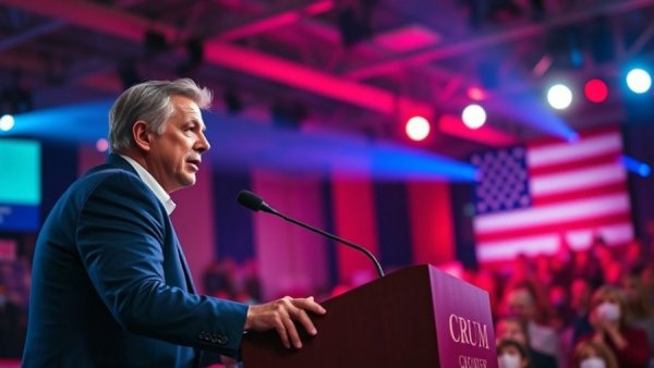 Speaker at a political rally addressing vibrant crowd.