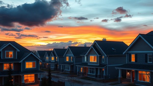 Modern suburban houses under a colorful sunset in Esker Park Calgary.