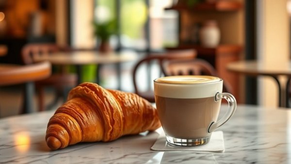 Calgary cozy cafes: cappuccino and croissant on marble table.
