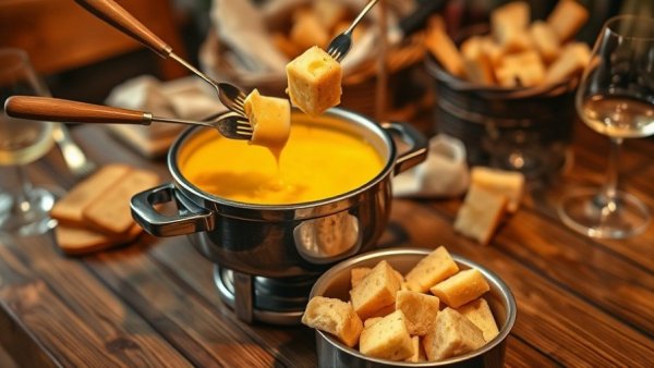Swiss cheese fondue pot with bread cubes on a rustic table.