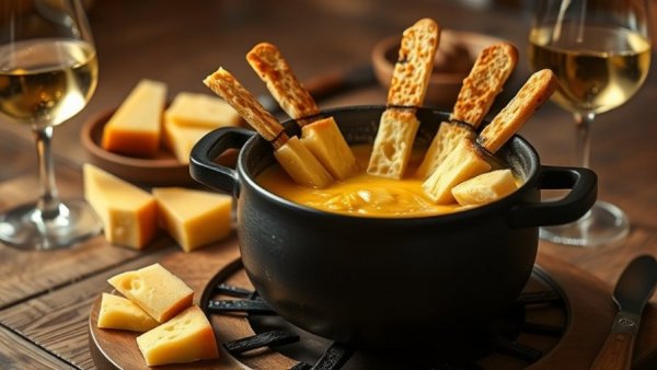 Classic Swiss cheese fondue in rustic setting.