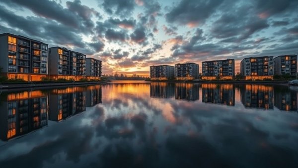 Modern apartments reflecting in lake at sunset, Alberta builders.