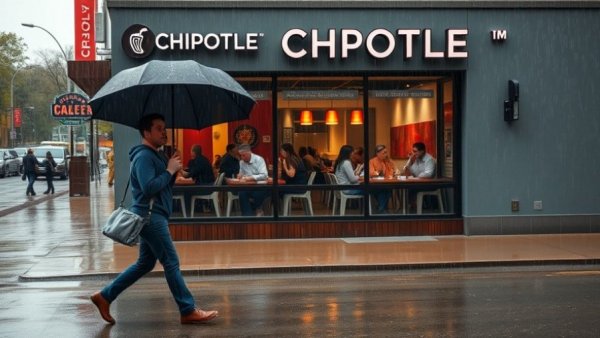 Chipotle restaurant on rainy day highlights consumer trends.