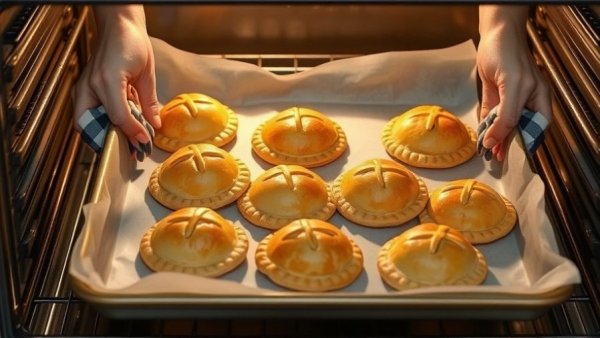 Golden hand pies by Ma Pies Calgary, freshly baked in oven.