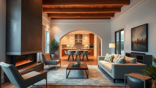 Modern living room with fireplace and stylish decor in net zero home.