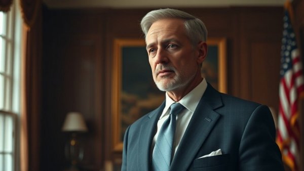 Distinguished man in formal suit, standing indoors, classic room with flag.