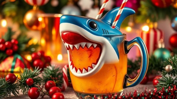 Festive Sippin' Santa cocktail in shark mug with decorations.