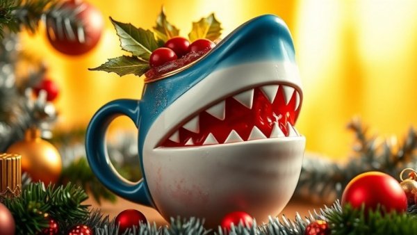 Festive Sippin’ Santa Calgary shark mug with holiday decor.
