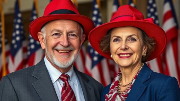 Smiling older man and woman in MAGA hat, patriotic background.