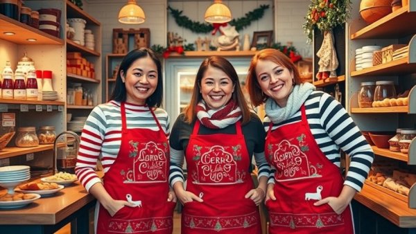 Two women in Christmas aprons at Calgary Holiday Bakery Bus Tour.