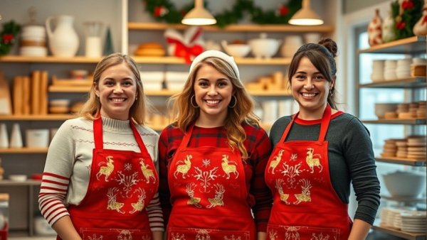 Festive women in aprons at Calgary holiday bakery bus tour.