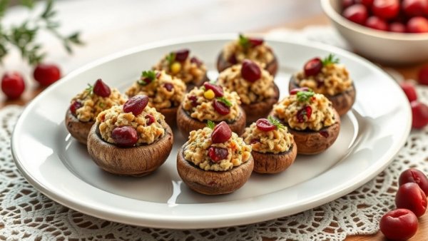Cranberry pistachio stuffed mushrooms with herbs on a platter.