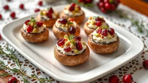 Cranberry pistachio stuffed mushrooms on a white platter, garnished with herbs.