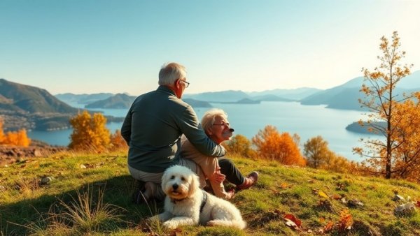 Couple with guide dog at scenic Predator Ridge.