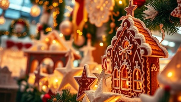 Festive decorations at holiday markets in Calgary, glowing lights.