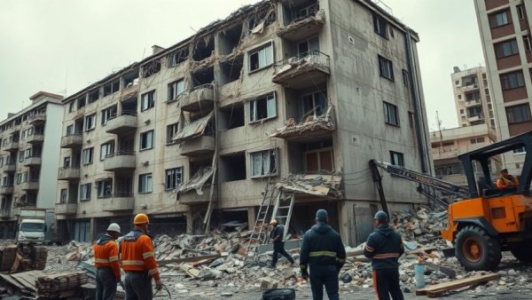 Rescuers assess damage to a building in Ukraine amidst debris.