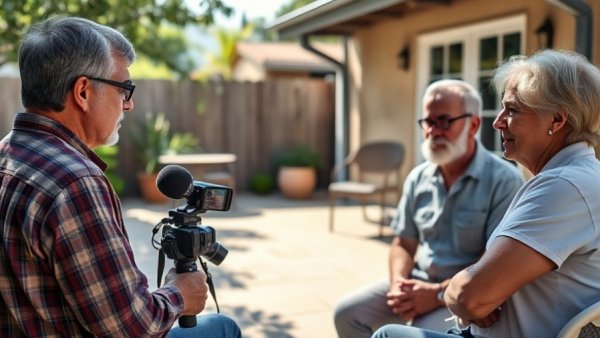 Adults in a casual outdoor interview discussing a topic.