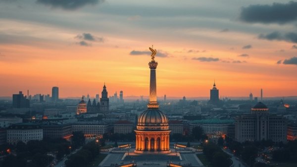 Dramatic sunset view of Kiev cityscape, U.S. Ukraine Peace Deal backdrop.