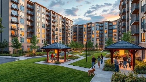 Modern urban housing, large Calgary development with community space at twilight.