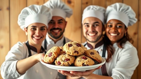 Chefs presenting cranberry white chocolate chip cookies in warm kitchen.