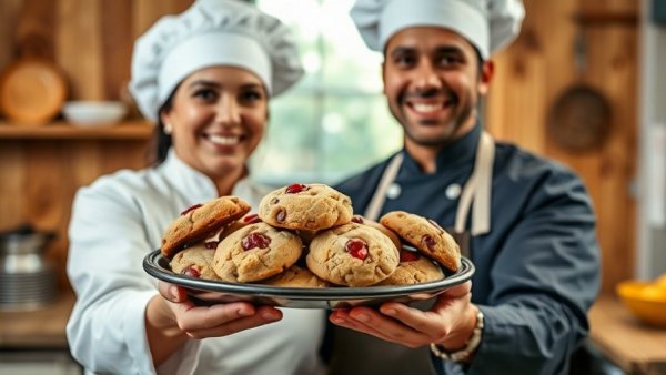 Chefs holding cranberry white chocolate chip cookies on a plate.