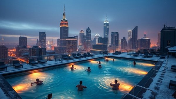 Travel Tuesday hotel deals, rooftop pool glowing in snowy cityscape.