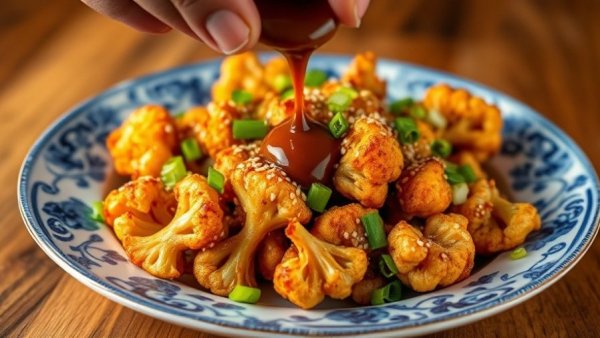 Spicy crispy cauliflower with sauce at IBU Restaurant Calgary.