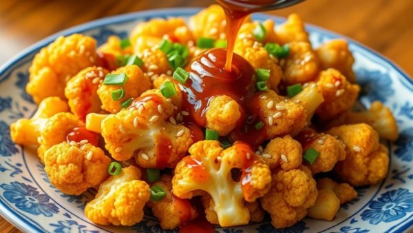 IBU Restaurant and Bar Calgary, golden cauliflower dish with sauce.