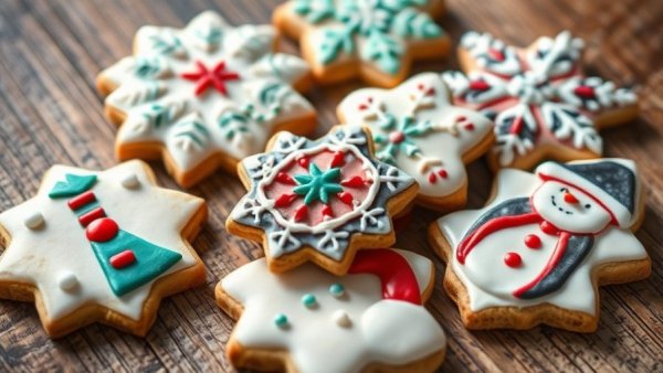 Festive winter cookies, vibrant icing designs, rustic setting.