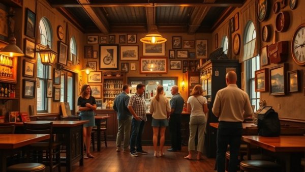 Group inside Penny Crown Tavern Marda Loop, cozy atmosphere, eclectic decor.