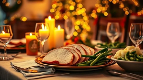 Festive Christmas dinner in Calgary with turkey and candles.