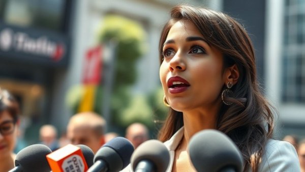 Confident woman speaking to media about Letitia James fraud case.