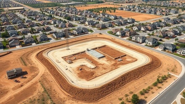 Aerial view of Airdrie new community pre-sales site with housing.
