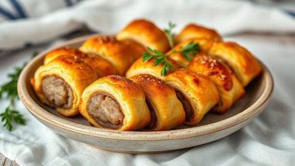 Golden-brown sausage rolls on a ceramic plate with herbs.