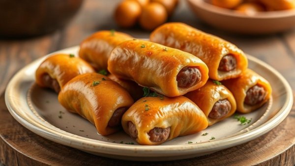 Delicious homemade sausage rolls with herbs on a plate.