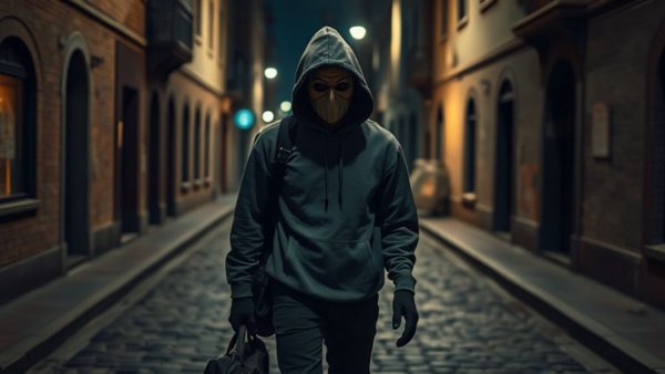 Mysterious figure on dim cobblestone street, low light security camera.