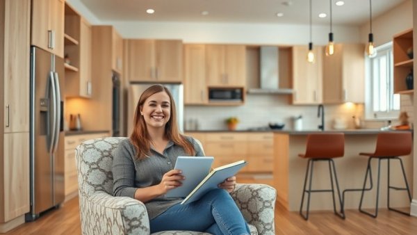 Cochrane townhome kitchen interior with smiling woman seated.