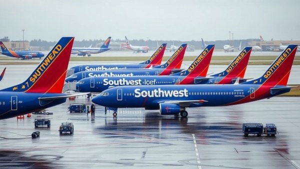 Southwest Airlines planes on a rainy airport runway.