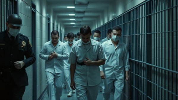 Inmates escorted by guards in prison corridor, Alien Enemies Act deportations.