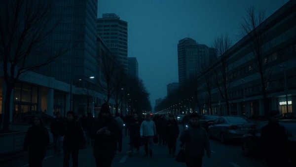 Quiet urban scene during Ukraine energy crisis, dimly lit night.