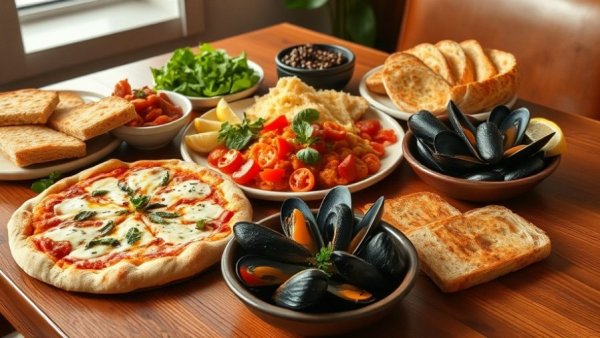 Italian cuisine spread featuring pizza, bread, vegetables, and mussels, UNESCO cultural heritage.