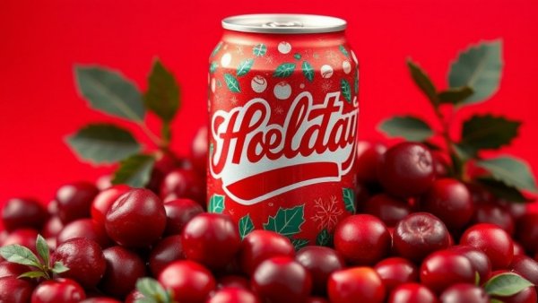 Holiday sips and bites: Festive soda can with cranberries against red backdrop.