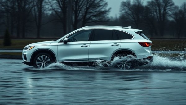 SUV driving through catastrophic flooding in Washington in low light.