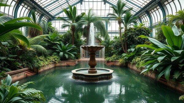Elegant indoor garden with fountain in Calgary winter