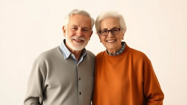 Older couple posing together, smiling, soft lighting.